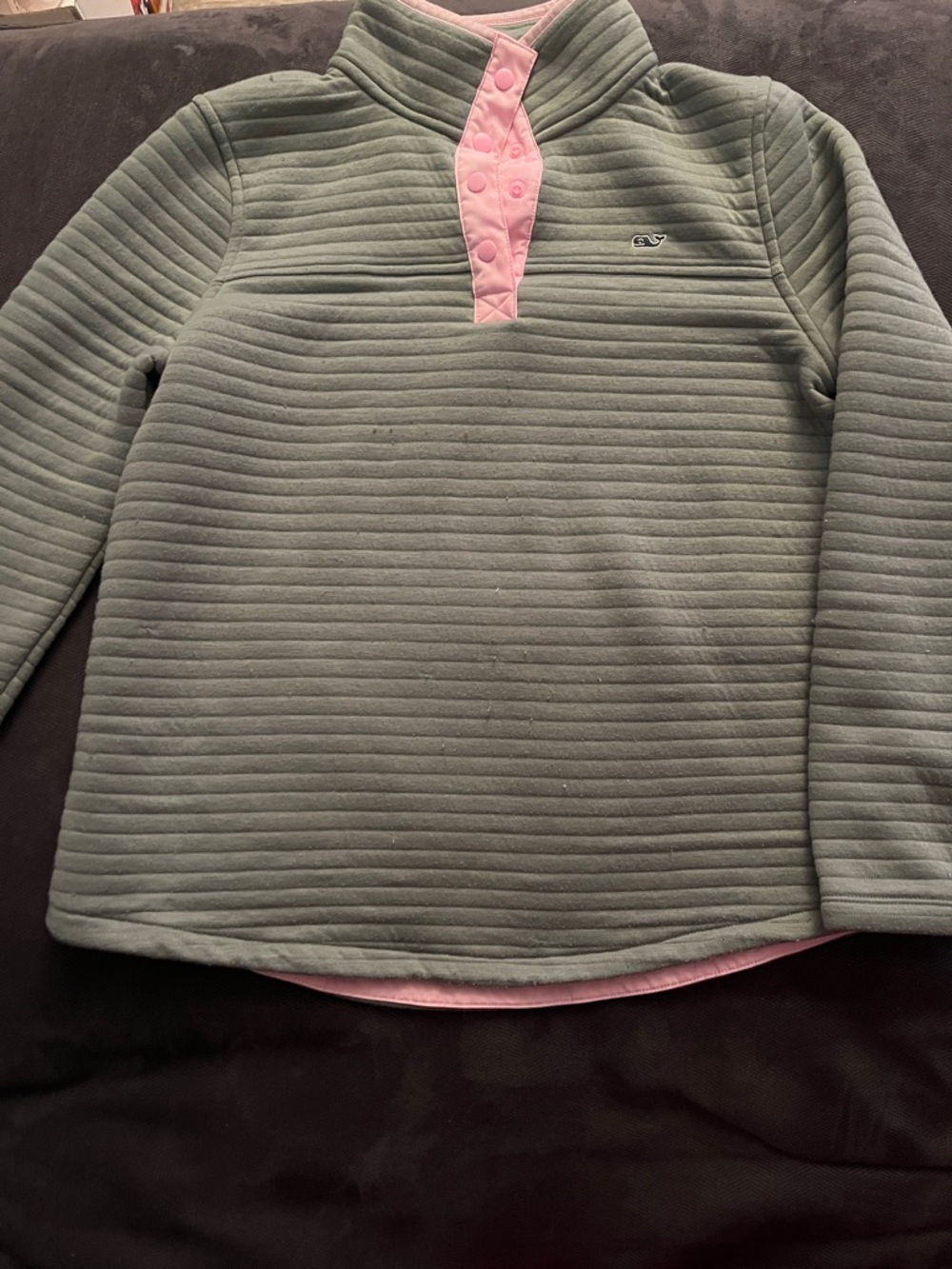 Vineyard Vines Quilted Olive Green Pullover with Pink Snap Placket